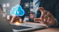 Person interacting with cloud computing and data icons Royalty Free Stock Photo