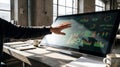 Person interacting with data visualizations on a large touchscreen monitor in a modern office Royalty Free Stock Photo