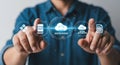Person interacting with digital cloud technology and data storage icons interface Royalty Free Stock Photo