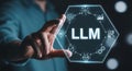 Person interacting with a digital hexagon displaying llm and icons Royalty Free Stock Photo