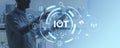 Person interacting with a digital interface displaying IoT (Inte