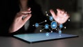 Innovative digital interface with data analysis symbols and hand gestures representing technology, connectivity, and Royalty Free Stock Photo