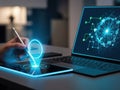 Person interacting with digital interface on tablet next to laptop with complex network visualization Royalty Free Stock Photo