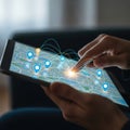 Person interacting with a digital map interface showing navigation points and data on a tablet device Royalty Free Stock Photo
