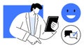 Professional using a tablet with message bubbles and a smiling face icon representing communication Royalty Free Stock Photo