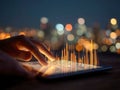 Person interacting with a digital tablet displaying glowing data analytics bars over a blurred cityscape background at night for Royalty Free Stock Photo