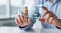 Person interacting with futuristic digital interface and data visualization in office setting Royalty Free Stock Photo