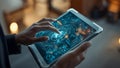 Person interacting with a futuristic digital interface on a tablet Royalty Free Stock Photo
