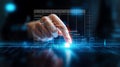 A person interacting with futuristic digital technology interface, with graphs and data visualizations
