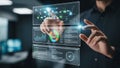 Person interacting with futuristic holographic data analytics interface displaying charts and graphs Royalty Free Stock Photo