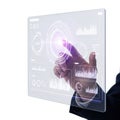 Person interacting with futuristic holographic data visualization interface Royalty Free Stock Photo