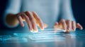 Person interacting with futuristic holographic interface using touch technology Royalty Free Stock Photo