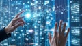 Person interacting with futuristic network interface in cityscape Royalty Free Stock Photo