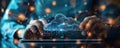 Person interacting with a futuristic tablet showcasing cloud technology in a vibrant, dynamic, and tech-driven setting Royalty Free Stock Photo