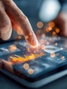 Person interacting with glowing futuristic digital data charts and graphs on touchscreen device for advanced analytics and Royalty Free Stock Photo