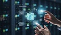 Person interacting with a holographic cloud storage interface with glowing data cube technology Royalty Free Stock Photo