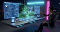 A person interacting with holographic displays and digital data visualization Royalty Free Stock Photo