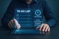 Person interacting with holographic to-do list and time tracking interface on tablet checklist task Royalty Free Stock Photo