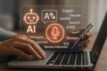 Person using a laptop with an ai translation interface for multilingual communication and understanding Royalty Free Stock Photo