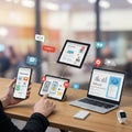 Person interacting with multiple digital devices, including a smartphone, tablet, and Royalty Free Stock Photo
