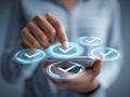 Person interacting with smartphone displaying multiple glowing check marks representing task completion and digital approval in Royalty Free Stock Photo