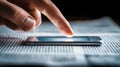 Person interacting with a smartphone screen placed on printed newspaper sheets in a dimly lit environment highlighting digital and Royalty Free Stock Photo