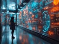 A person interacting with a tablet in a high-tech interior with multiple screens, resembling a control room or command