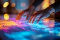 Person interacting with a vibrant touchscreen digital interface displaying colorful data and futuristic graphic elements in a Royalty Free Stock Photo