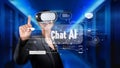 Person Interacting with Virtual Technology Displaying Chatbot and AI Concepts in a Futuristic Environment XDMCP Royalty Free Stock Photo