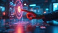 Person interacts with advanced tech interface. Augmented reality screen displays data. Innovative technology shows modern digital Royalty Free Stock Photo