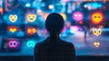 Person interacts with AI emotion recognition interface displaying joy and other facial expressions at a tech event