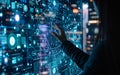 A person interacts with a complex futuristic digital interface on a large screen, showcasing advanced technology and