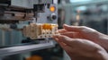 A person interacts with a 3D printer or CNC machine, adjusting or examining a white, intricate object