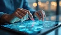Person interacts with digital graphic on tablet at modern workspace. Hands touch screen. Innovative tech concept. Data Royalty Free Stock Photo