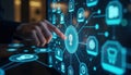 Person interacts with digital interface. Display shows interconnected tech icons related to commerce. AI tech solutions for