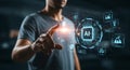 A person interacts with a digital interface displaying a glowing \