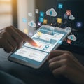 A person interacts with a digital tablet displaying a dashboard interface featuring Royalty Free Stock Photo