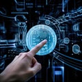 person interacts with a futuristic digital screen, displaying a complex network of symbols, circuits, and data visualizations