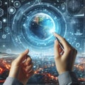 A person interacts with futuristic holographic interfaces