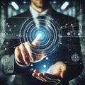 A person interacts with futuristic holographic interfaces