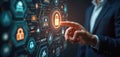 Person interacts with futuristic interface. Holographic security features display on screen. Data management system.
