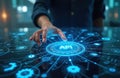 Person interacts with glowing API interface on futuristic digital display. Abstract tech network connects data. Programming Royalty Free Stock Photo