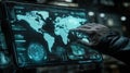A person interacts with a high-tech display showing a world map and data, hinting at global Royalty Free Stock Photo