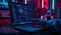 A person interacts with a laptop displaying a complex data analytics interface in a futuristic room Royalty Free Stock Photo