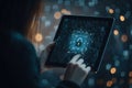 Cybersecurity concept Person holding a tablet with a digital padlock icon on a futuristic data stream background Royalty Free Stock Photo