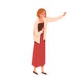 Person introduce, show and present smth. Business speaker standing with clipboard and pointing direction, gesturing with