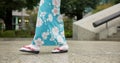 Person, Japanese and feet walking in kimono in city or local commute or traditional, outdoor or downtown. Legs, sandals