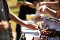 Bbq series. Steak sausage and onion focus. Community fete fair fundraiser theme Royalty Free Stock Photo