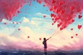 A person joyfully flies a bunch of red heart-shaped balloons, spreading love and happiness in the sky, Person releasing a bunch of Royalty Free Stock Photo