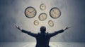 A person juggling multiple clocks to symbolize